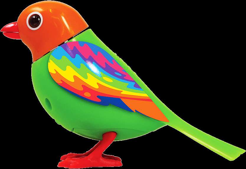 A colorful plastic toy bird with rainbow wings and orange head. — Raindrops PNG