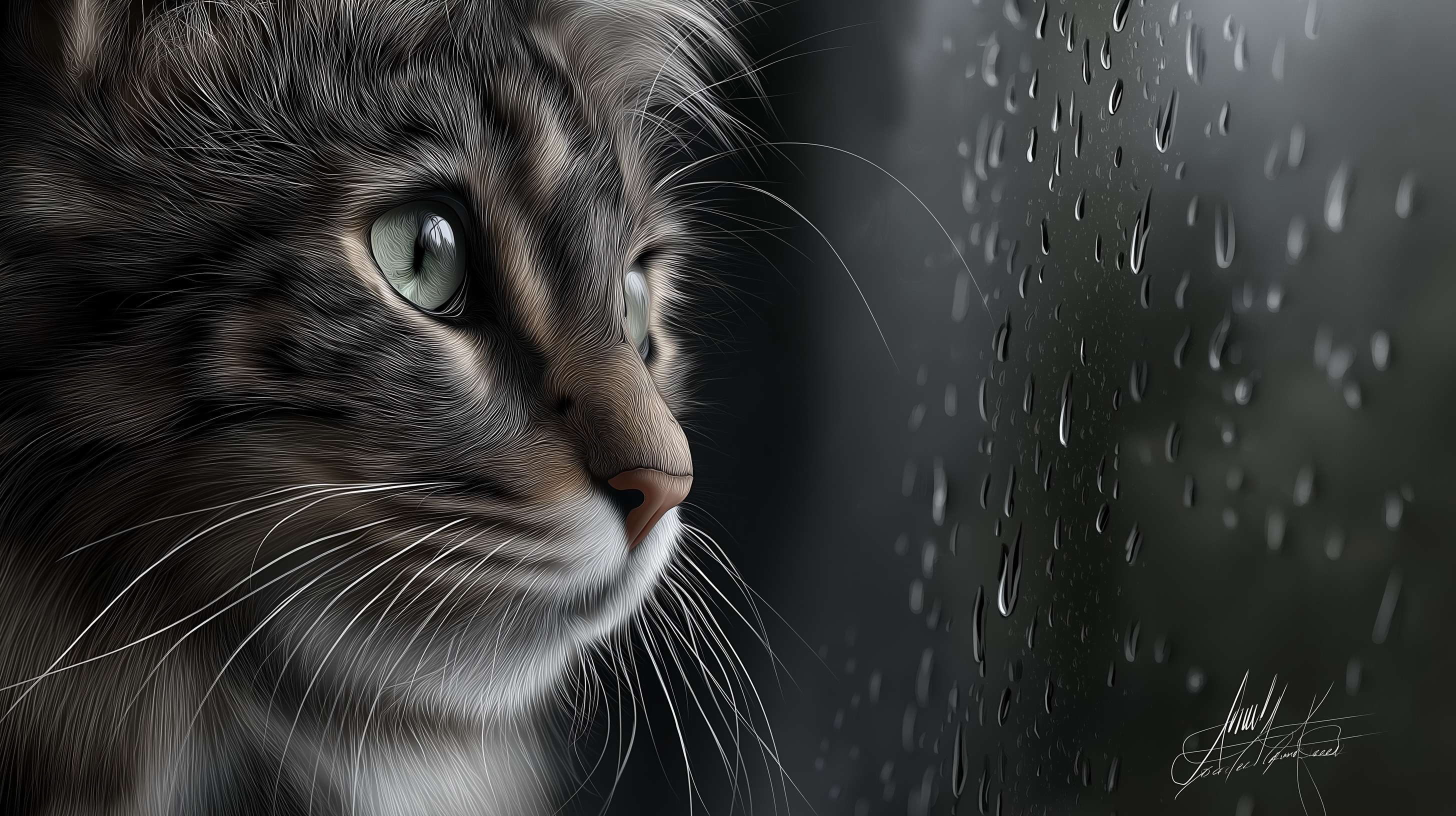 A gray tabby cat looks out a rainy window with green eyes. — Rainy PNG