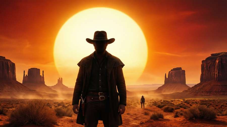 Raizen silhouette against a giant sun in desert — Raizen Wallpaper