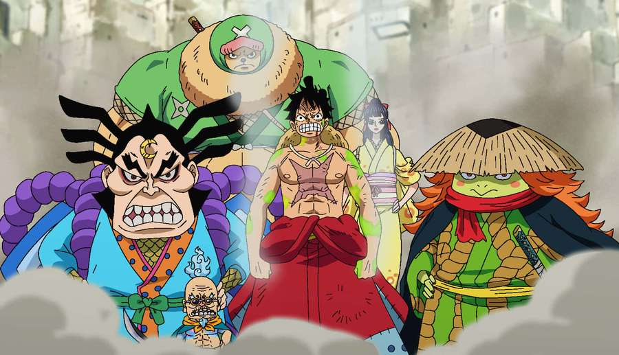 Group of anime characters with intense expressions in a smoky cityscape. — Raizo Wallpaper