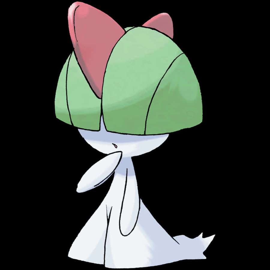 A white anime-style Pokémon with a green leaf head and pink inner ears. — Ralts Wallpaper