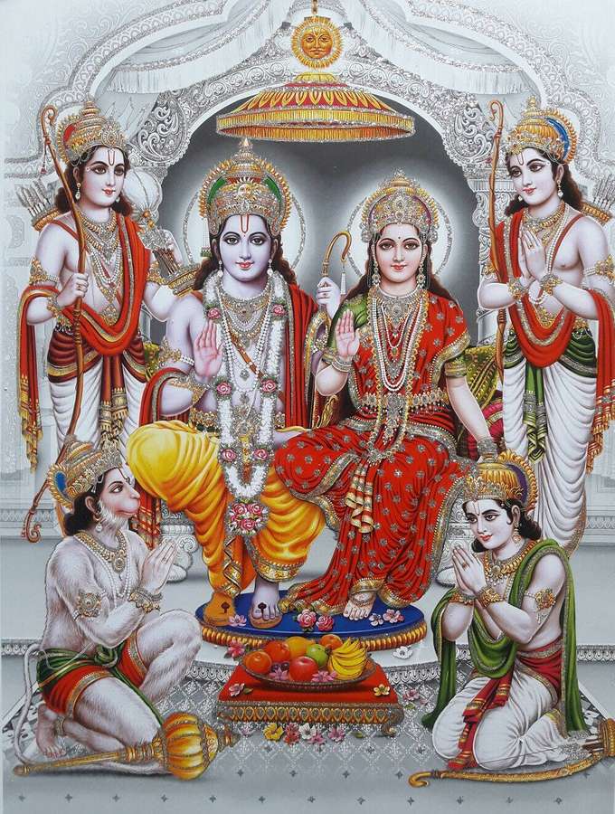 Hindu deities in ceremonial attire surrounded by worshippers offering fruits. — Ram Darbar Background