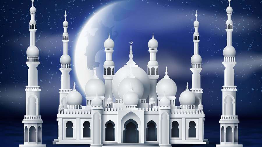 White mosque with domes and minarets under a crescent moon at night. — Ramadan Background