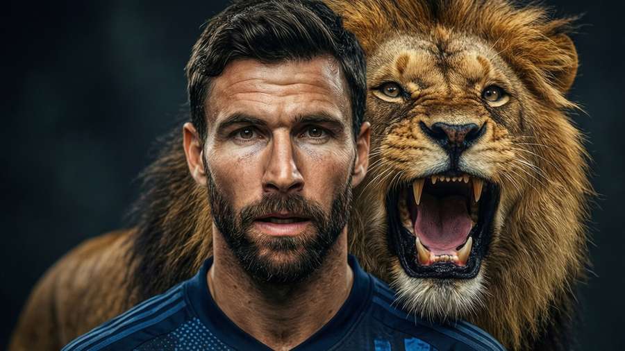 Sergio Ramos paired with a roaring lion in digital art. — Ramos Wallpaper