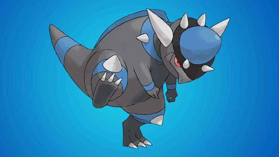 A gray and blue spiked dinosaur Pokémon with red eyes against a blue background. — Rampardos Wallpaper