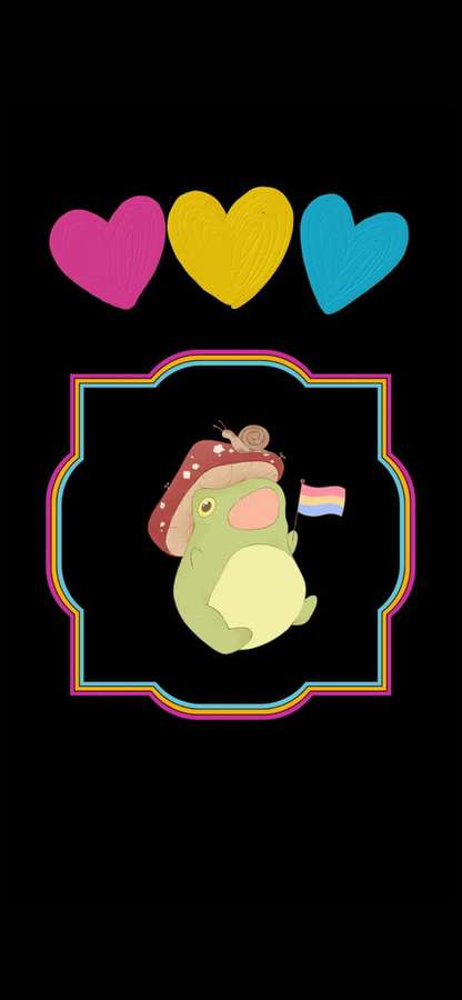 Una rana de dibujos animados con sombrero de hongo sosteniendo una bandera arcoíris con corazones encima. — Rana Fondos de pantalla