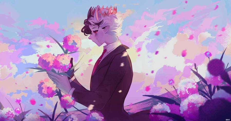 Anime character with crown holding pink flowers in pastel sky — Ranboo Wallpaper