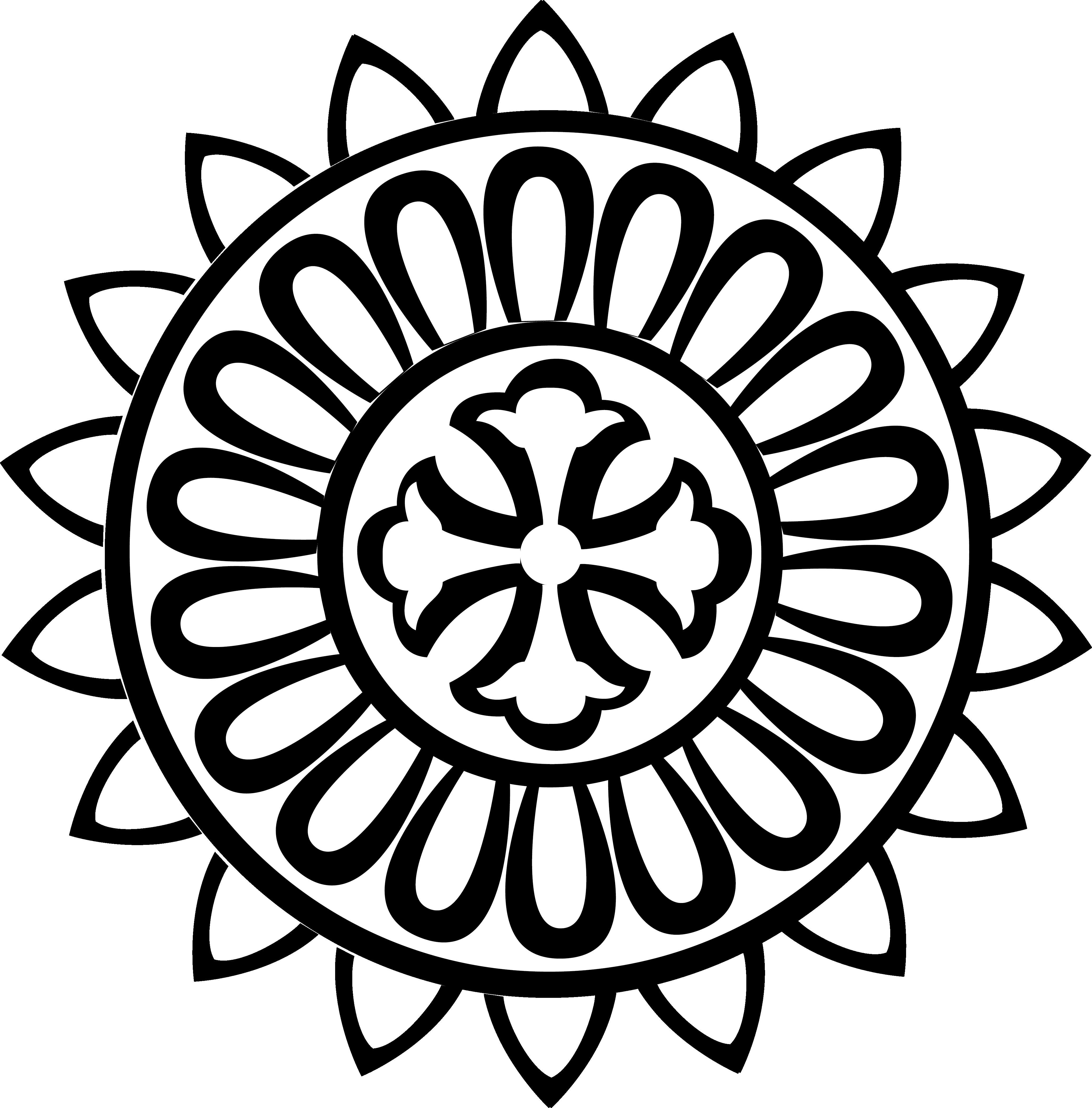 Black and white circular mandala with layered petal designs and central floral element. — Rangoli PNG