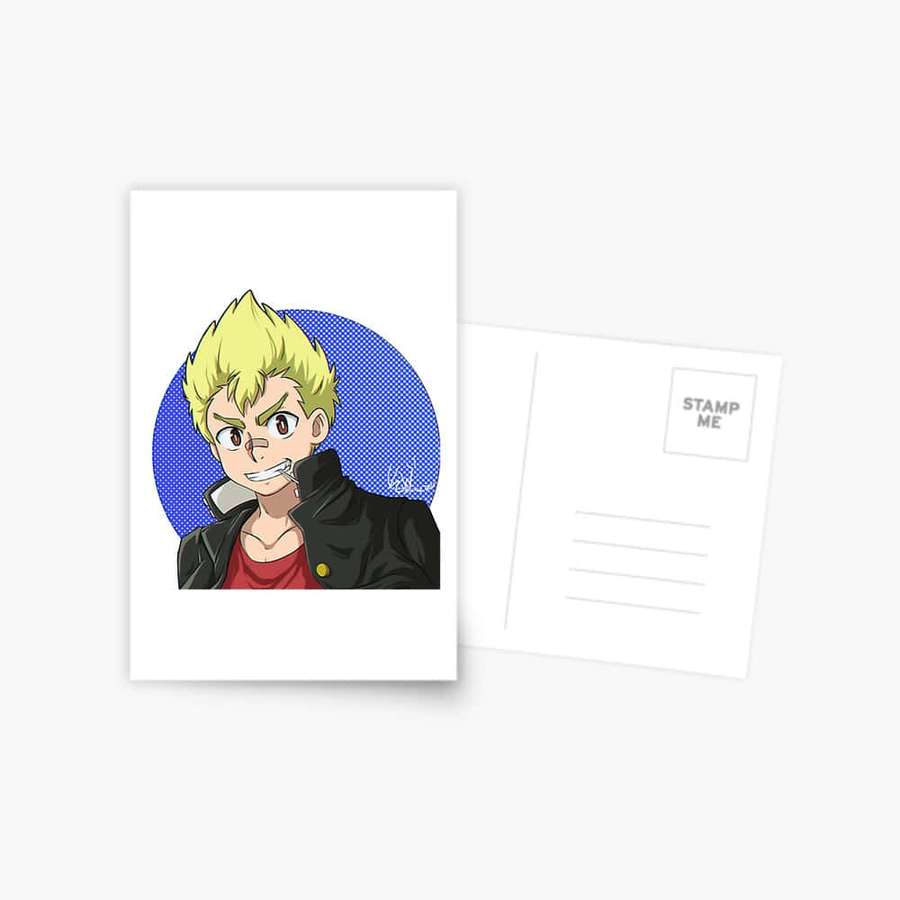 Personaje anime con pelo amarillo puntiagudo en chaqueta negra en una postal de círculo azul punteado. — Rantaro Kiyama Fondos de pantalla
