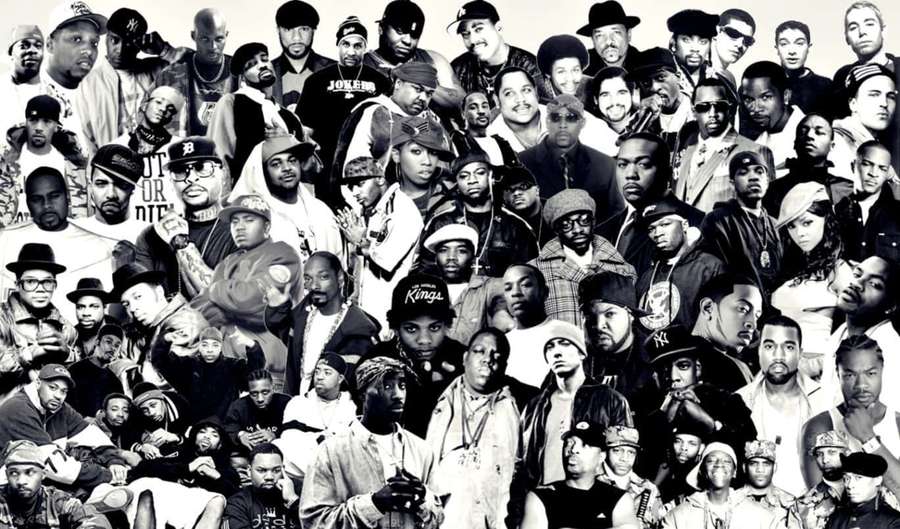 Black and white collage of hip hop artists in streetwear posing confidently. — Rap Collage Wallpaper