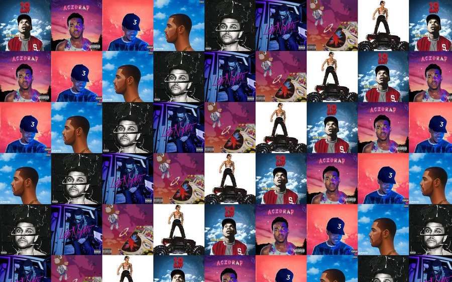Hip-hop artist collage with colorful skies and graffiti — Rap Computer Picture