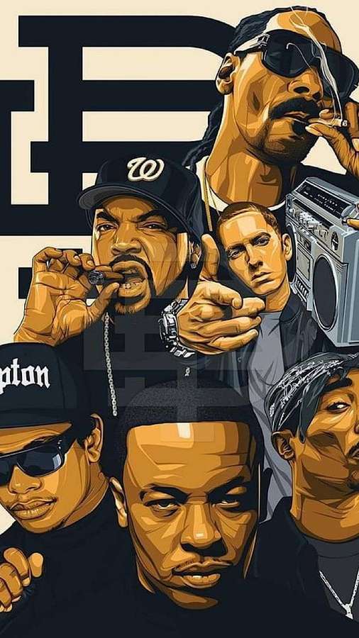 Collage ilustrado de artistas de hip hop con boombox y gafas de sol. — Rap de Computadora Fondos de pantalla