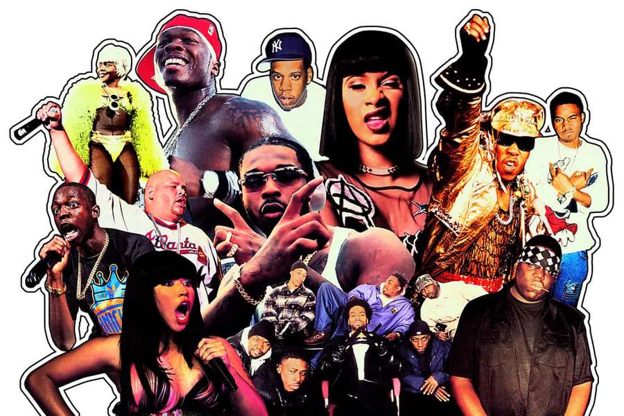 Collage of hip hop artists in bold poses and outfits. — Rap Picture