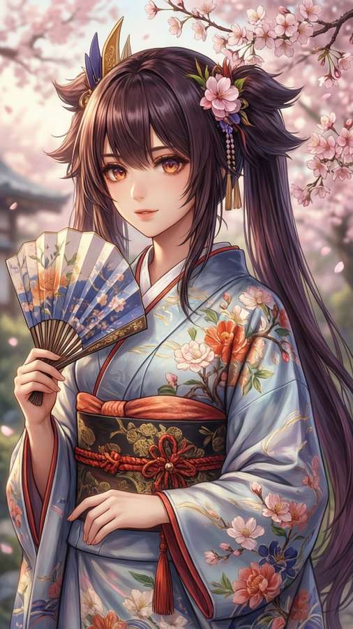 Elegant wallpaper of Raphtalia in a kimono with cherry blossoms. — Raphtalia Picture