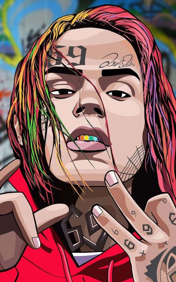 Persona con cabello arcoíris y tatuajes haciendo señal de paz — Rapper Cartoon Fondos de pantalla