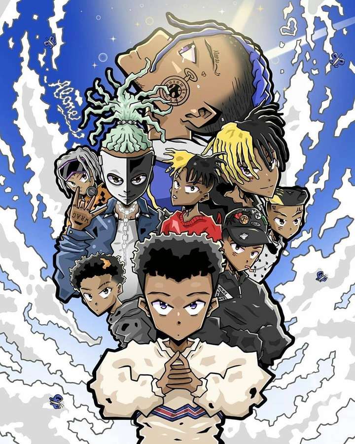 Grupo de personagens de anime com penteados e expressões únicos em um fundo de redemoinho cósmico. — Rapper de anime Papéis de Parede