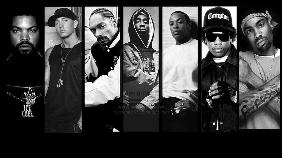 Schwarz-weiße Collage von sechs Hip-Hop-Künstlern in Streetwear, die ernst posieren — Rapper Pc Wallpaper