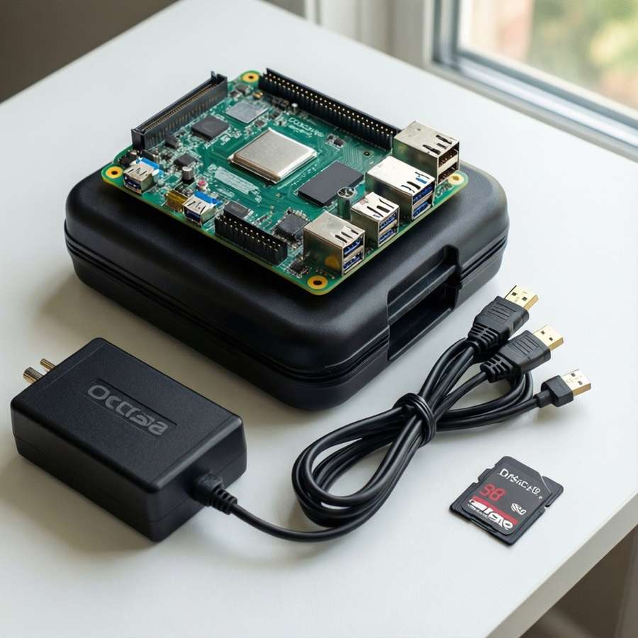 A flat lay of a Raspberry Pi 4 complete kit with accessories on a white desk. — Raspberry Pi Wallpaper