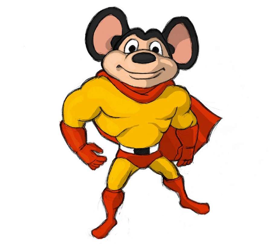 Um super-herói rato de desenho animado musculoso em uma fantasia amarela e vermelha com uma capa fluindo. — Rato poderoso Papéis de Parede