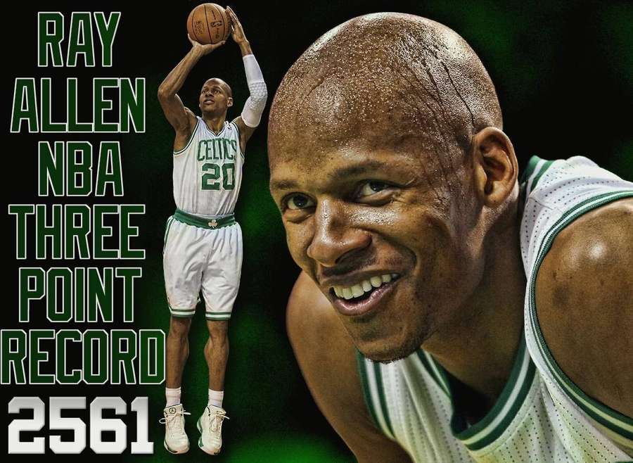 Ray Allen i Celtics-trøye smiler med tekst om hans NBA-trepointsrekord. — Ray Allen Bakgrunner