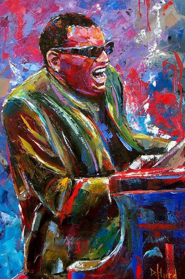 Man wearing sunglasses playing piano in a colorful abstract painting. — Ray Charles Background