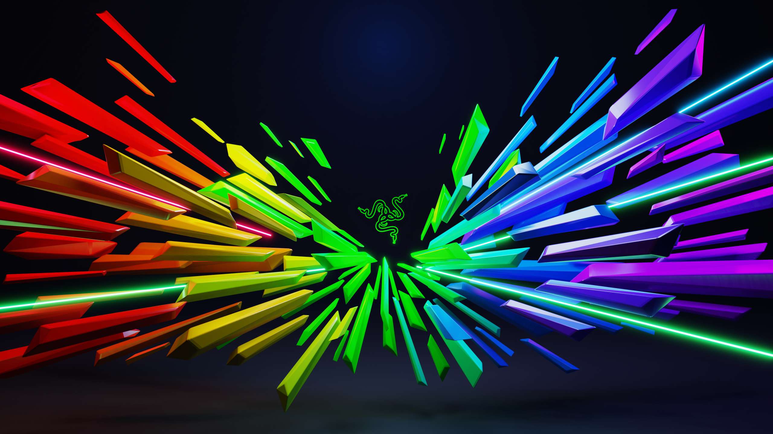 Neon colored geometric shards radiate outward from a glowing Razer logo. — Razer Background