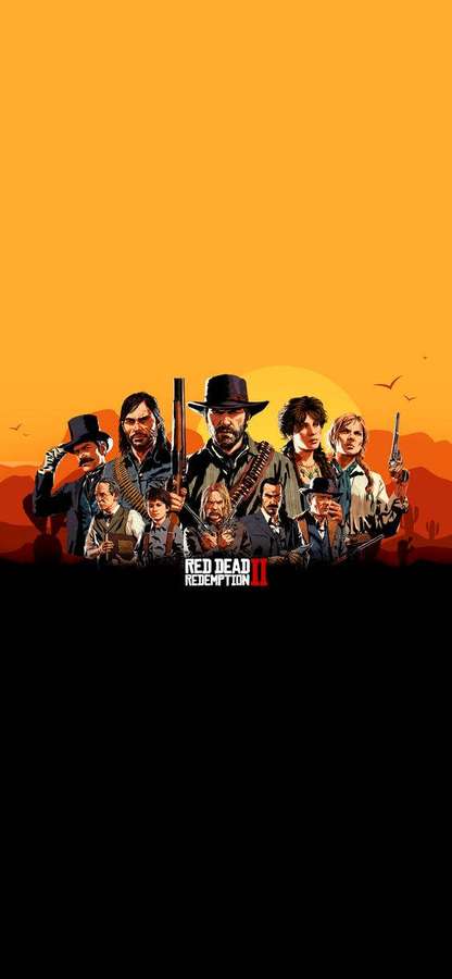 Group of western characters in desert at sunset with game title logo. — Rdr2 Wallpaper