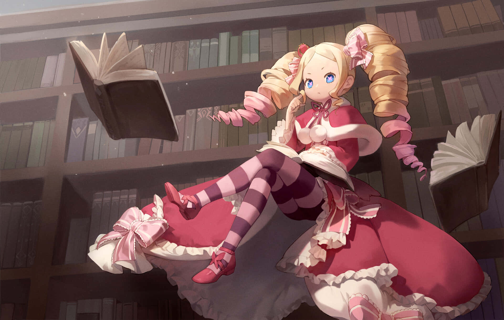 Anime girl in pink dress floating among books in a library. — Re Zero Beatrice Wallpaper