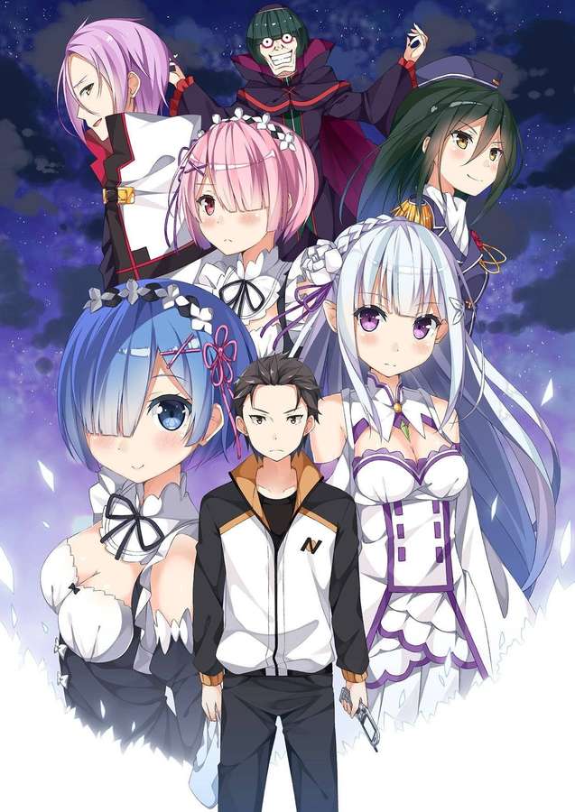 Anime characters in fantasy outfits under a starry night sky with glowing particles. — Re Zero Wallpaper