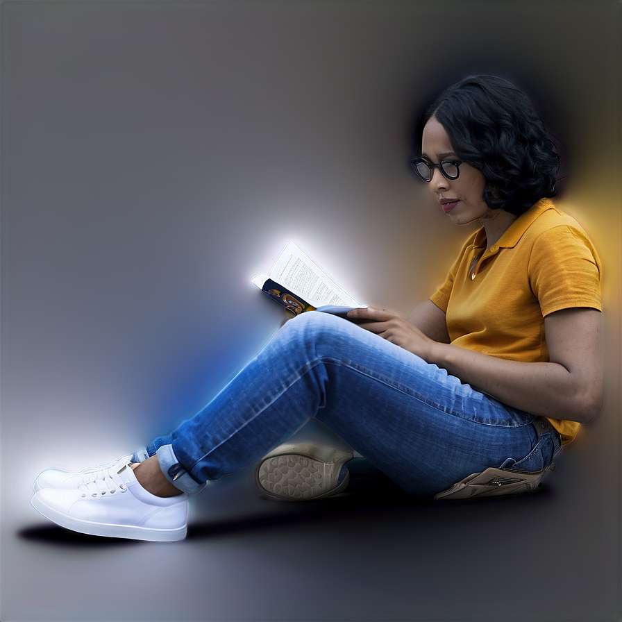 Woman in yellow shirt and jeans sitting cross-legged reading a glowing book. — Read PNG