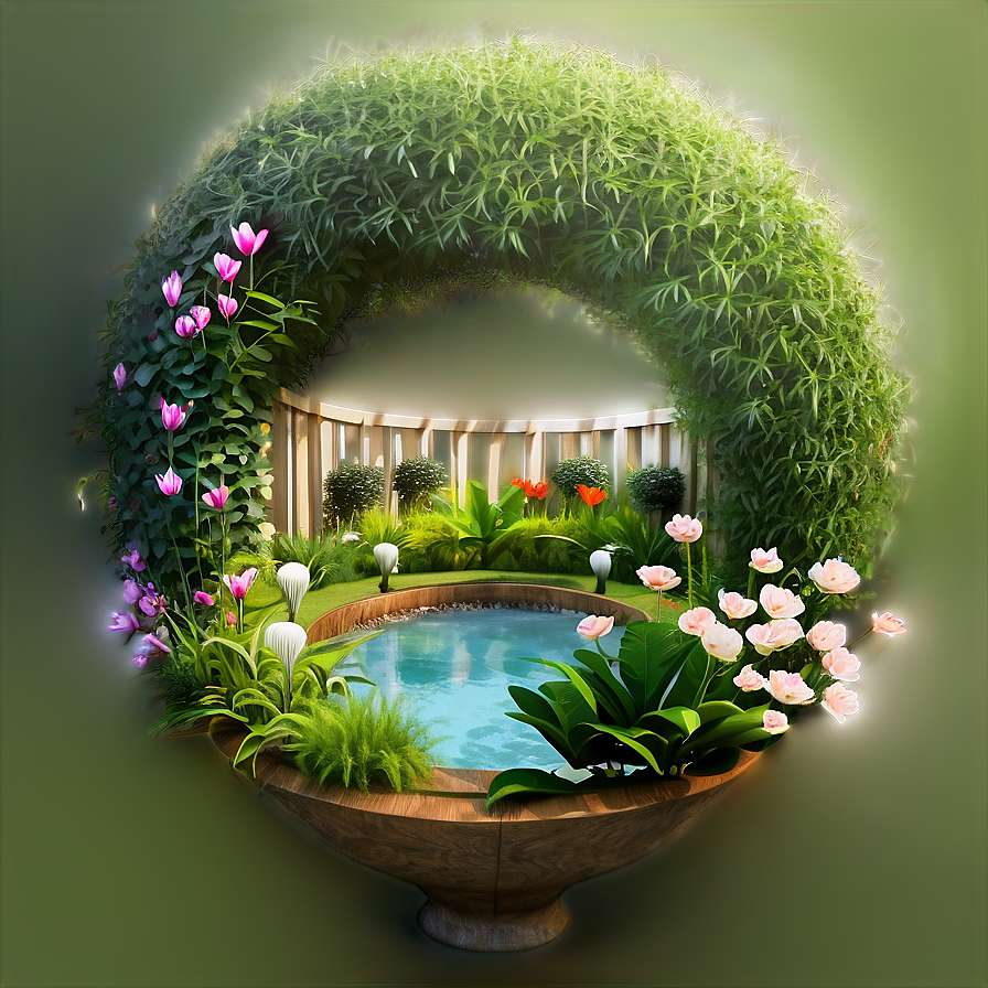 A wooden bowl garden with a pond and colorful flowers under a green arch. — Real PNG
