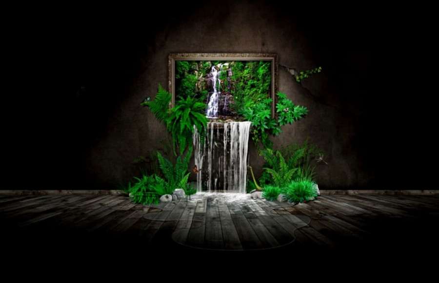 A framed waterfall painting with real water flowing out and ferns growing around its base. — Realism Wallpaper