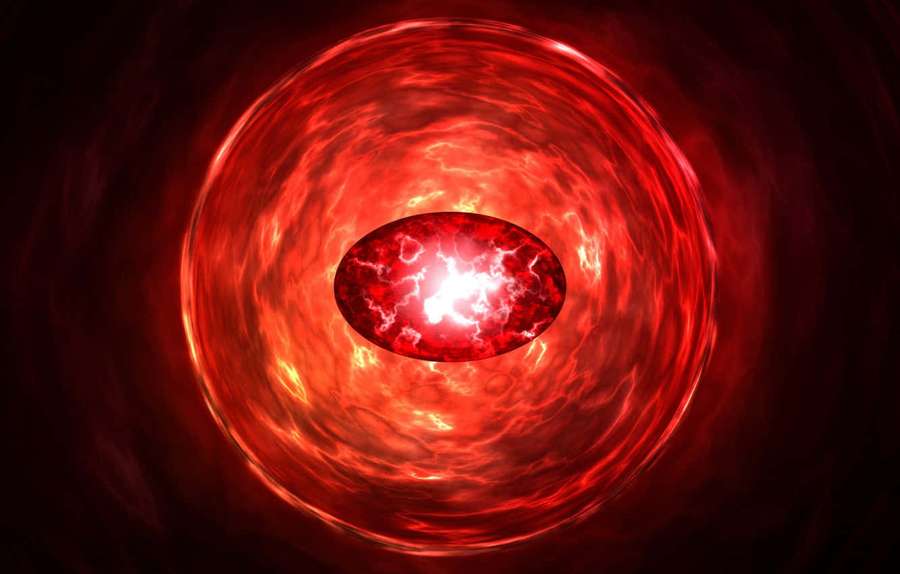 A fiery red cosmic vortex with a glowing white core. — Reality Stone Wallpaper