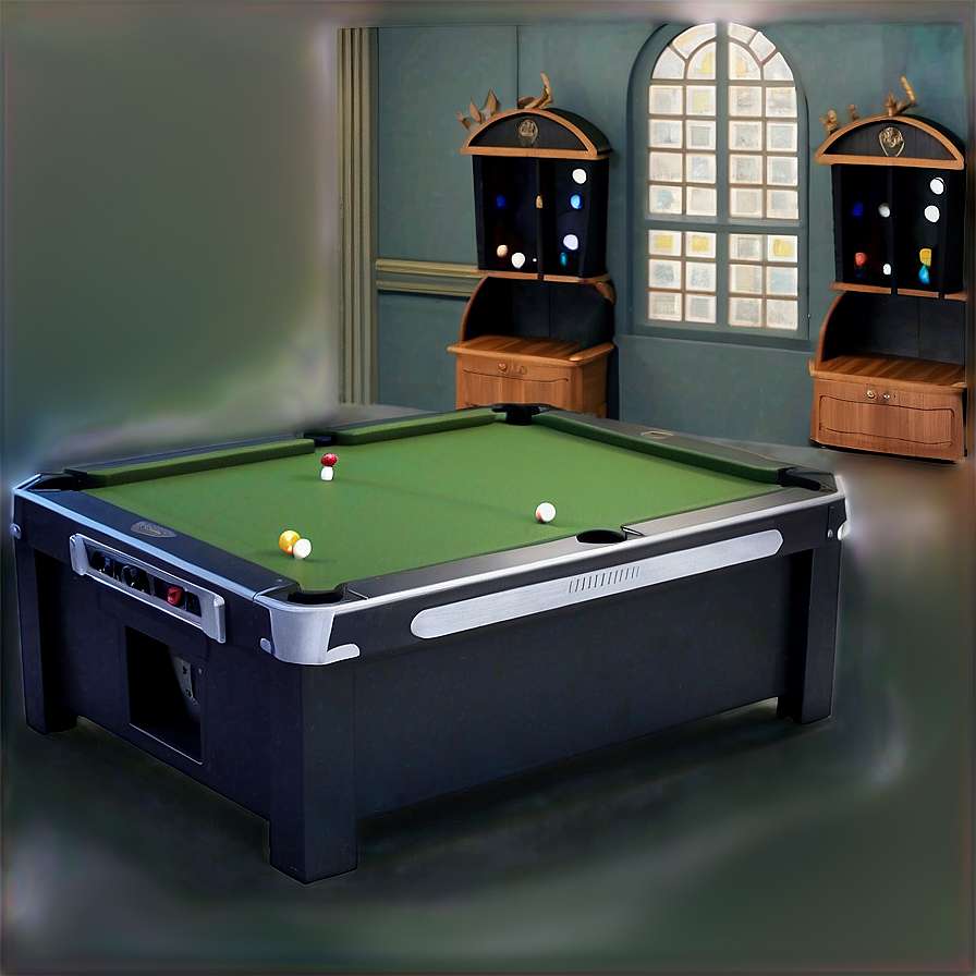 A modern pool table with balls in a game room with wooden racks and arched windows. — Rec Room Background