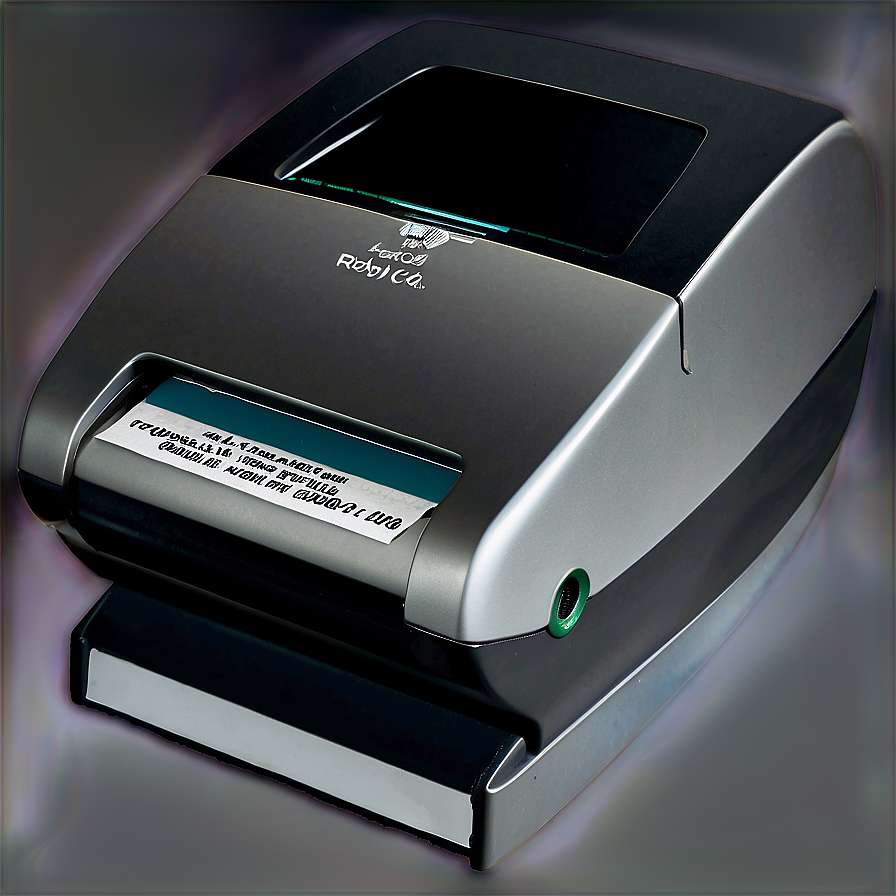 A modern label printer ejecting a printed label with a gradient background. — Receipt PNG