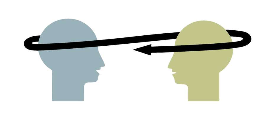 Two facing heads connected by a curved arrow symbolizing communication or exchange. — Reciprocal Wallpaper