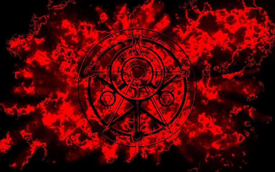 A glowing red pentagram surrounded by fiery energy against a black background. — Red And Black Background