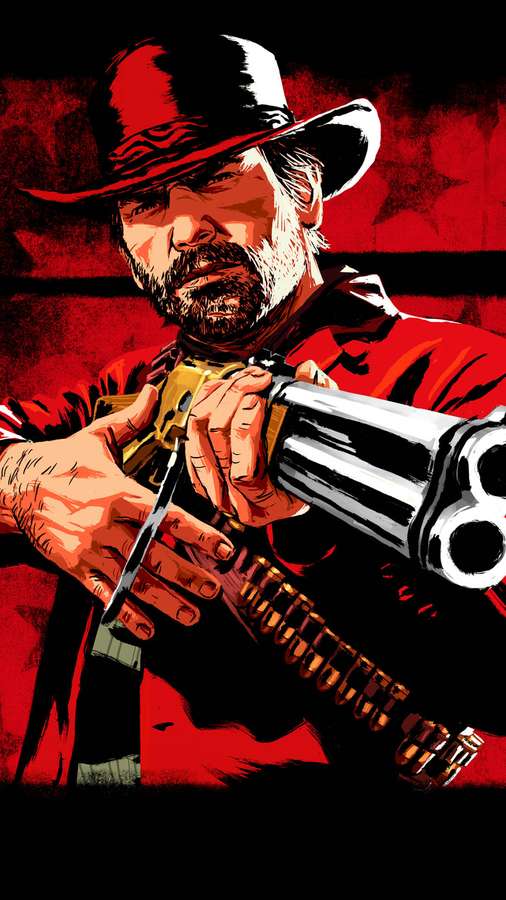 En skægget cowboy i rød skjorte sigter med en revolver med en bandolier mod en rød baggrund. — Red Dead iPhone Wallpapers