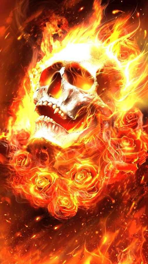 Flaming skull surrounded by burning roses in fiery orange and red. — Red Flame Skull Wallpaper