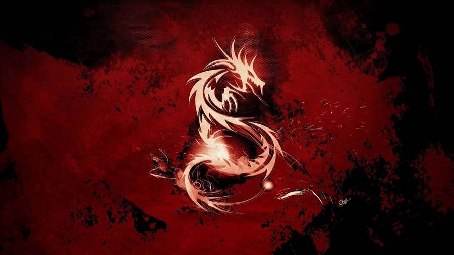 Ein stilisierter glühender Drache auf einem roten und schwarzen Spritzhintergrund. — Red Gaming Wallpaper