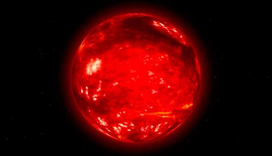 A glowing red sun with solar flares against a starry black sky. — Red Giant Wallpaper