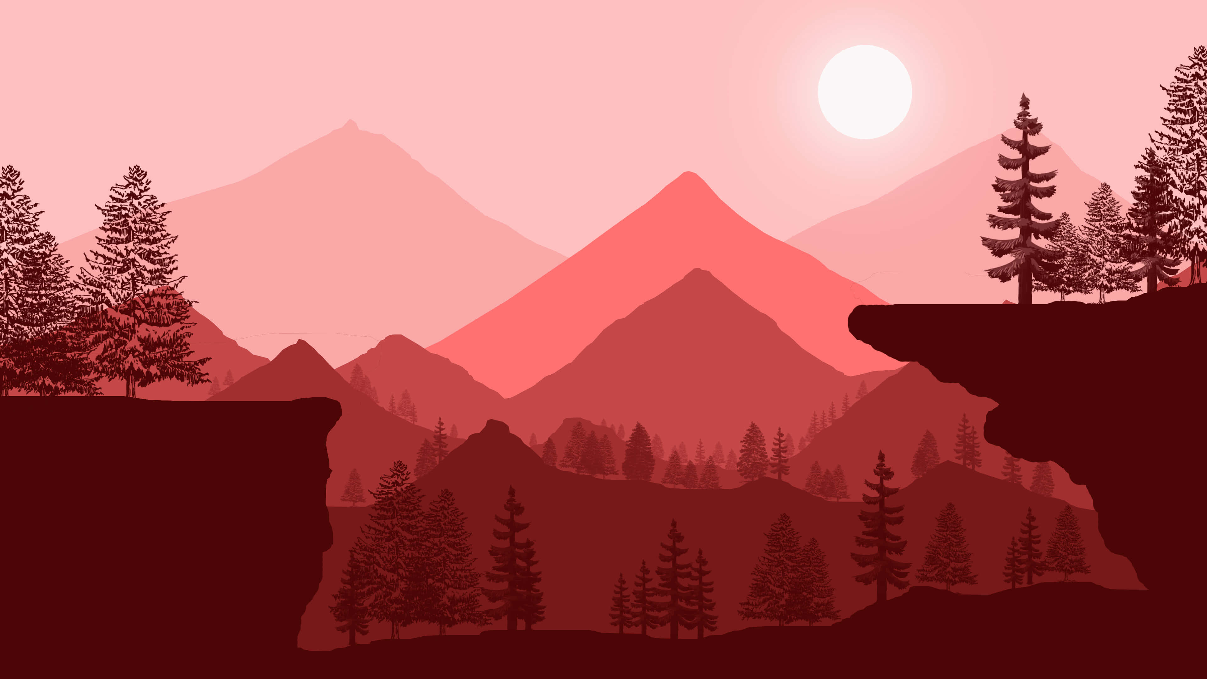 Vaaleanpunainen auringonlasku vuorijonon yllä mäntyineen siluetteina. — Red Mountain Taustakuvat
