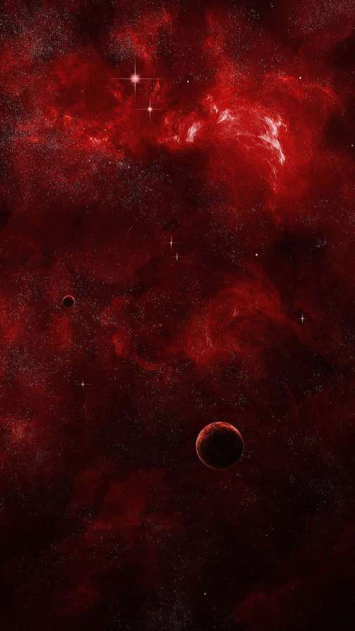 Red nebula with stars and planets in deep space — Red Space Wallpaper