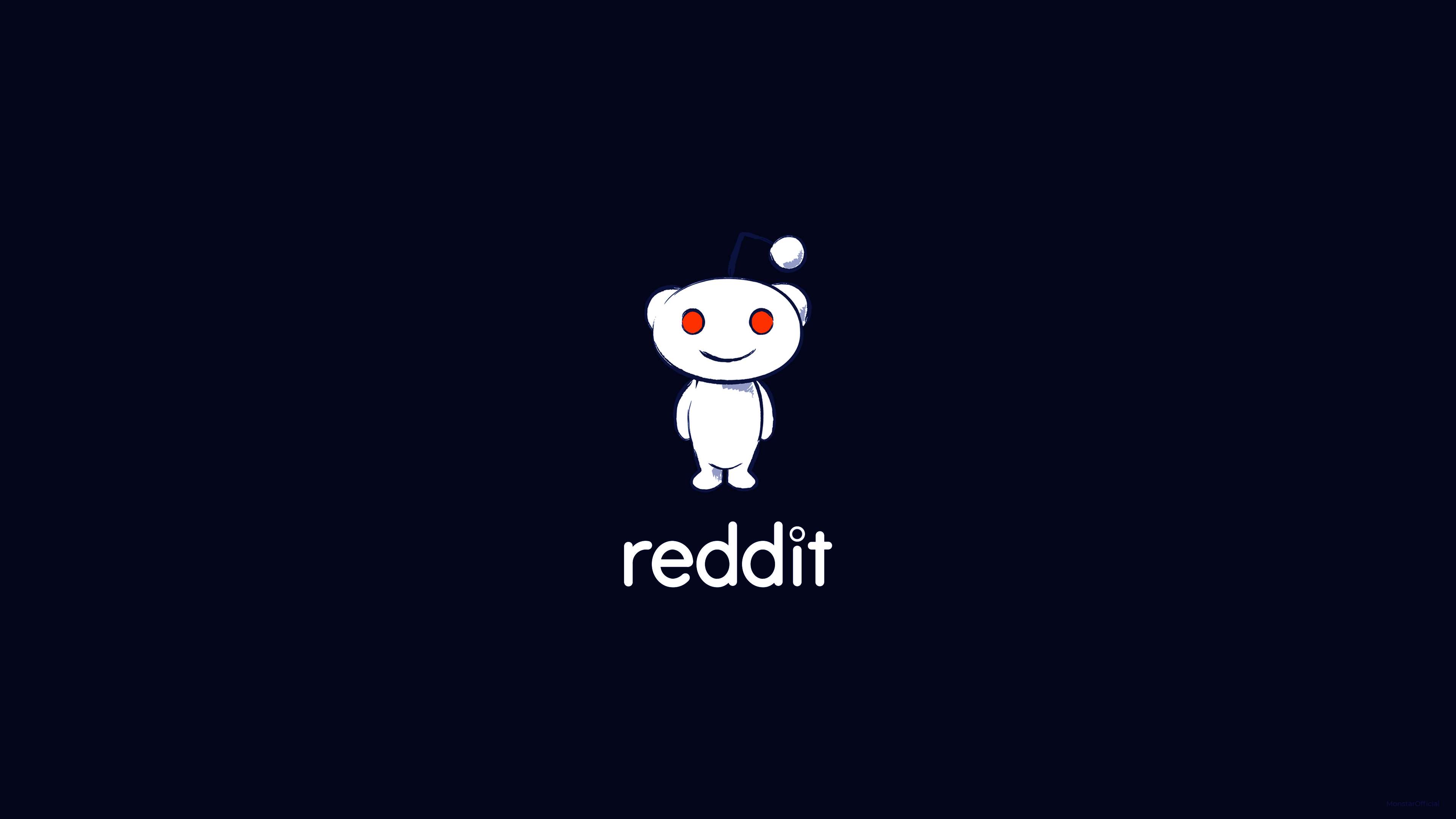 White alien mascot with red eyes and blue hat on dark blue background with reddit text. — Reddit Background