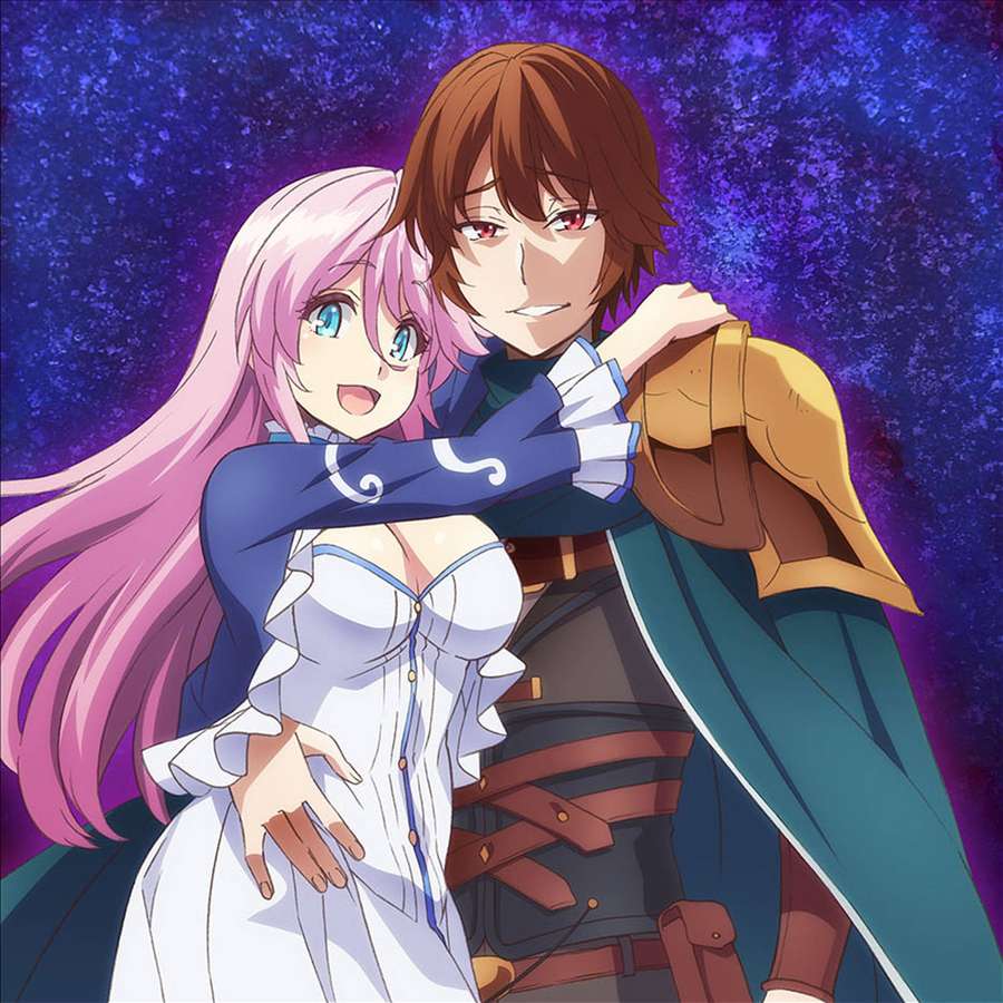 Anime couple embracing in fantasy armor against a starry purple sky. — Redo Wallpaper