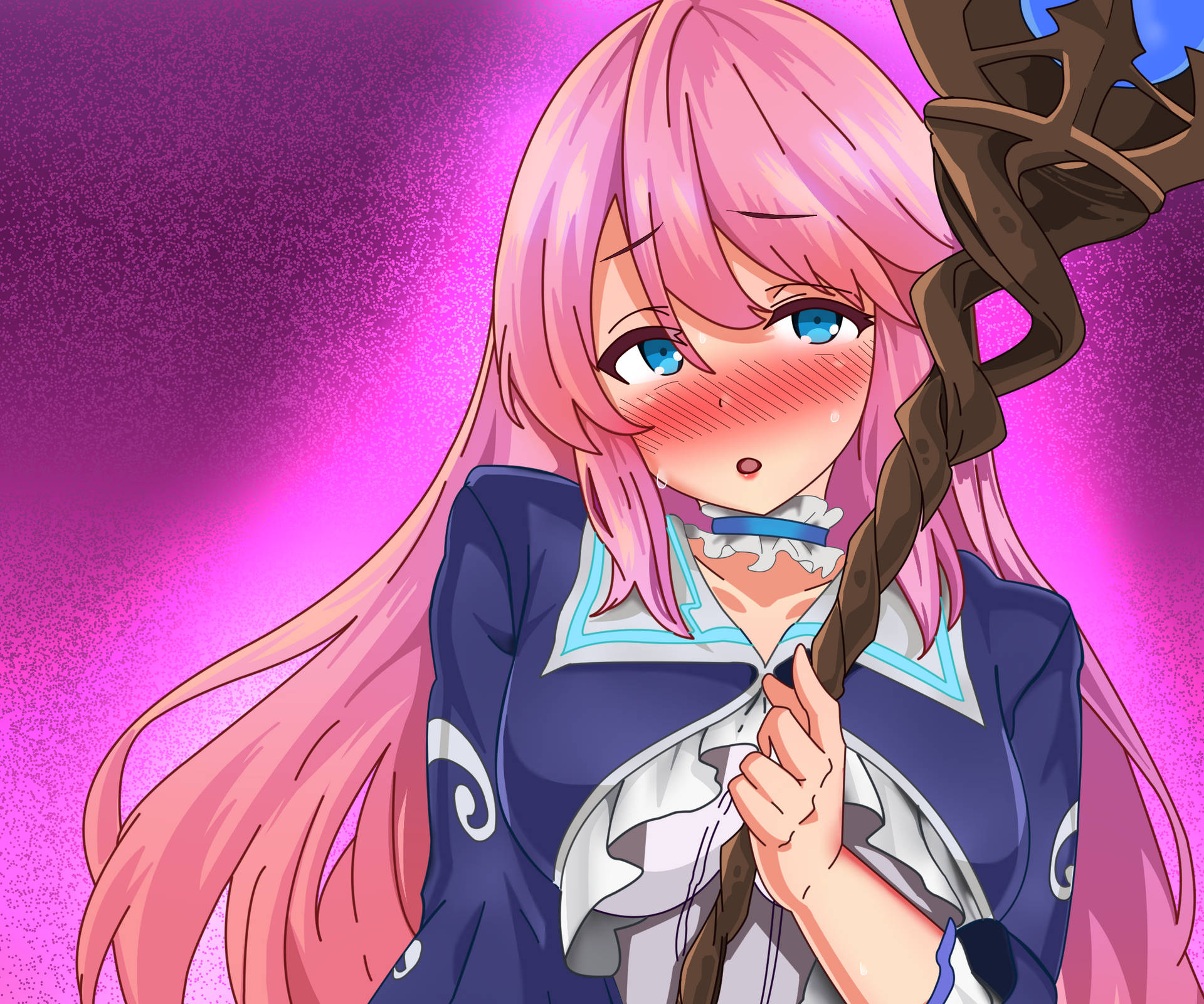 Anime girl with pink hair and blue eyes holding a staff against a purple background. — Redo Background
