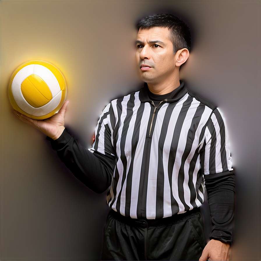 A male volleyball referee holding a yellow and white ball in a studio setting. — Referee Wallpaper