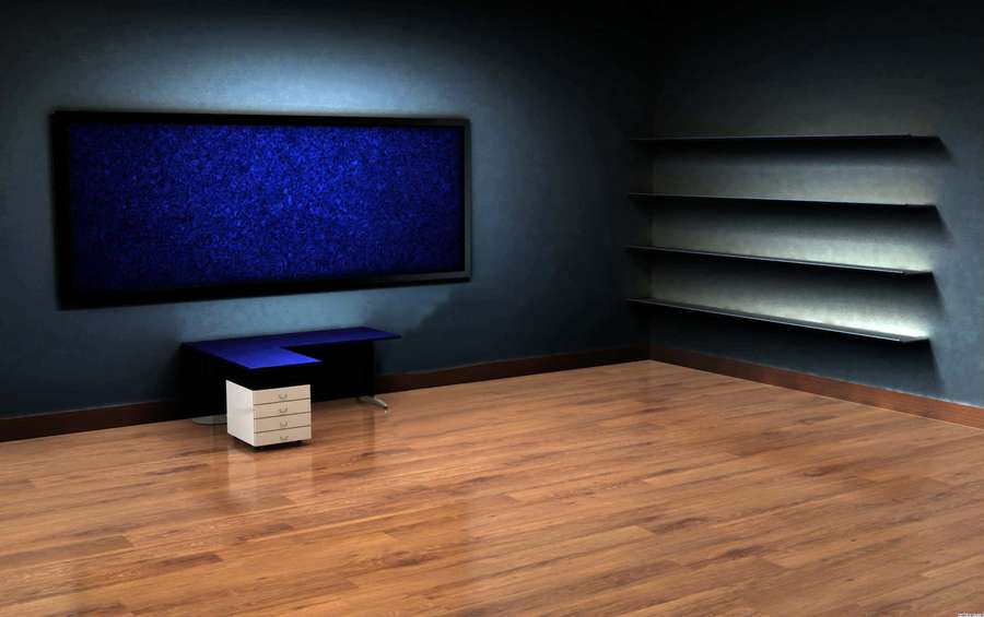 Minimalistischer Raum mit blauem TV-Bildschirm und leeren Regalen unter sanfter Beleuchtung. — Regale Wallpaper