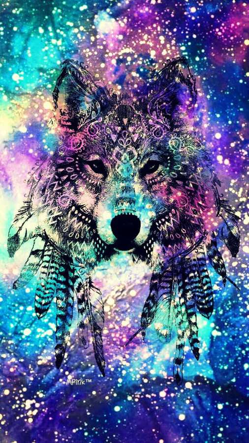 Ein Wolf mit Stammesdesigns und Traumfängerfedern vor einem farbenfrohen kosmischen Himmel. — Regenbogenwolf Wallpaper