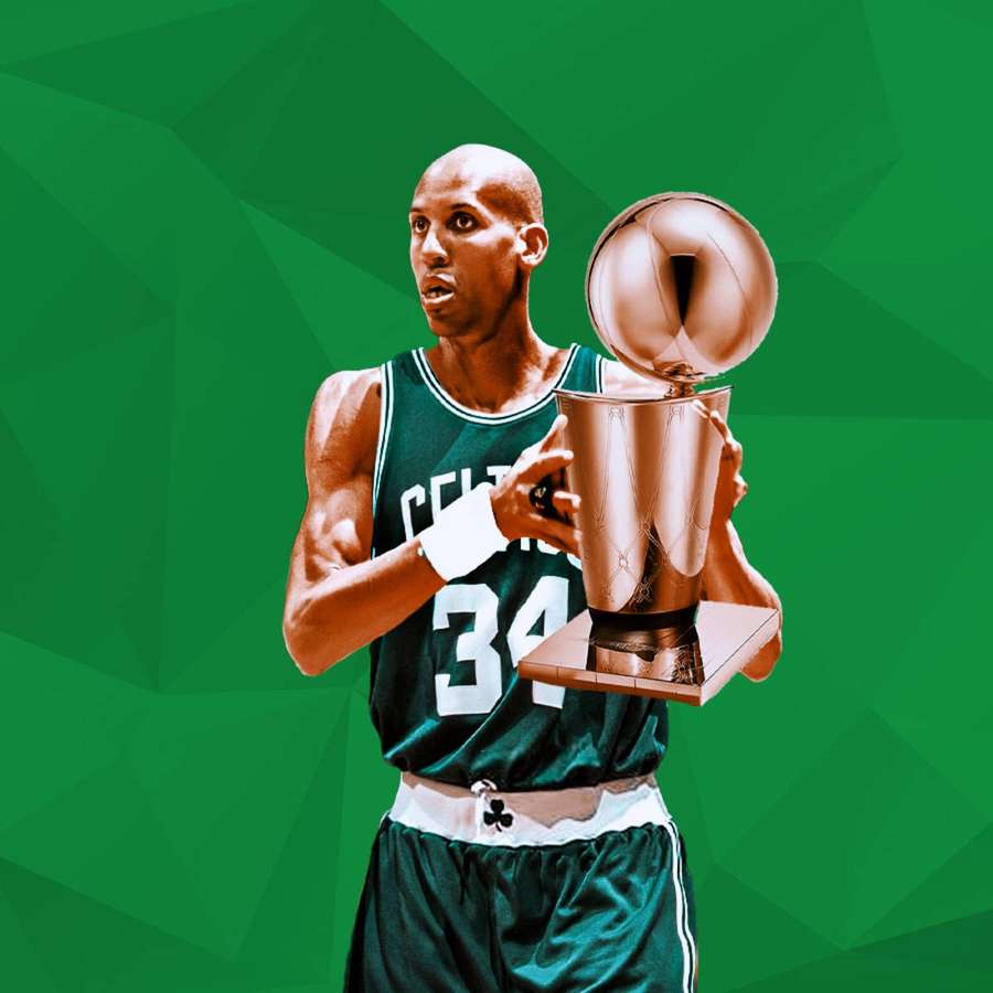 Basketball player in Celtics jersey holding championship trophy against green background. — Reggie Miller Wallpaper